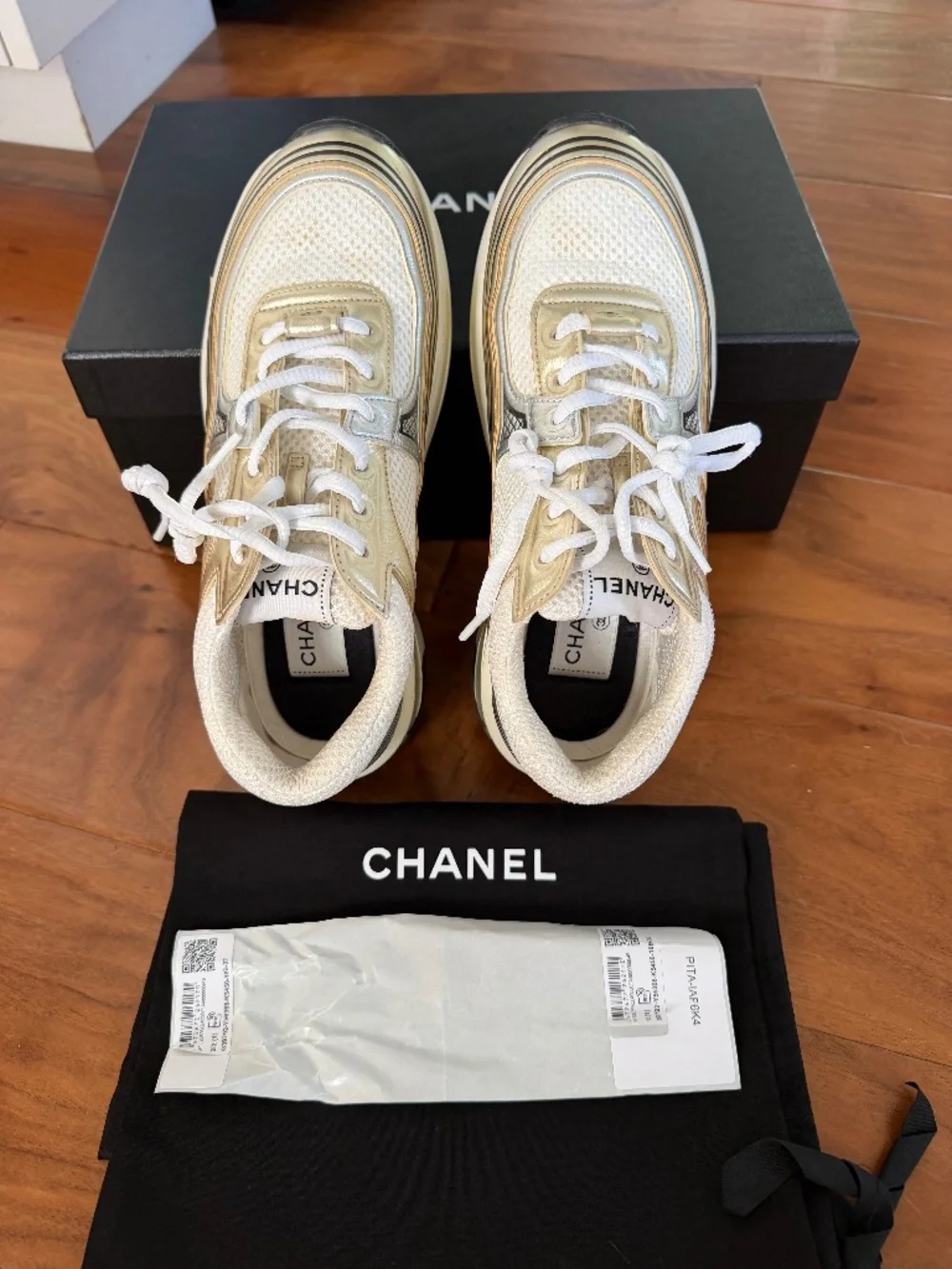 CHANEL Fabric Laminated Calfskin Stretch CC Sneakers size 37 in White,Gold,Silv